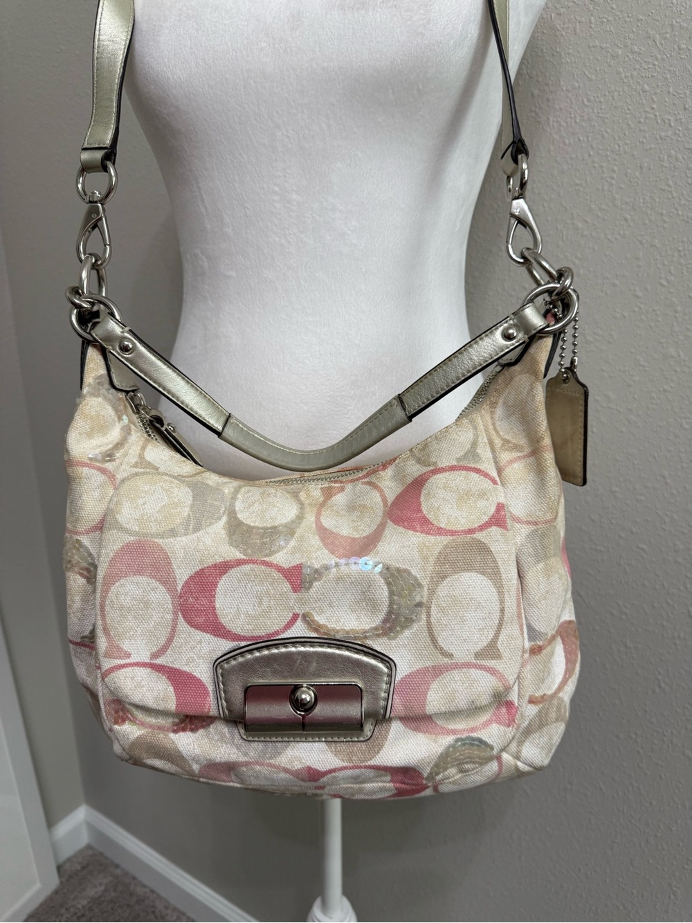 COACH Kristin Signature Canvas Hobo Bag in Pink and Cream with Metallic Trim